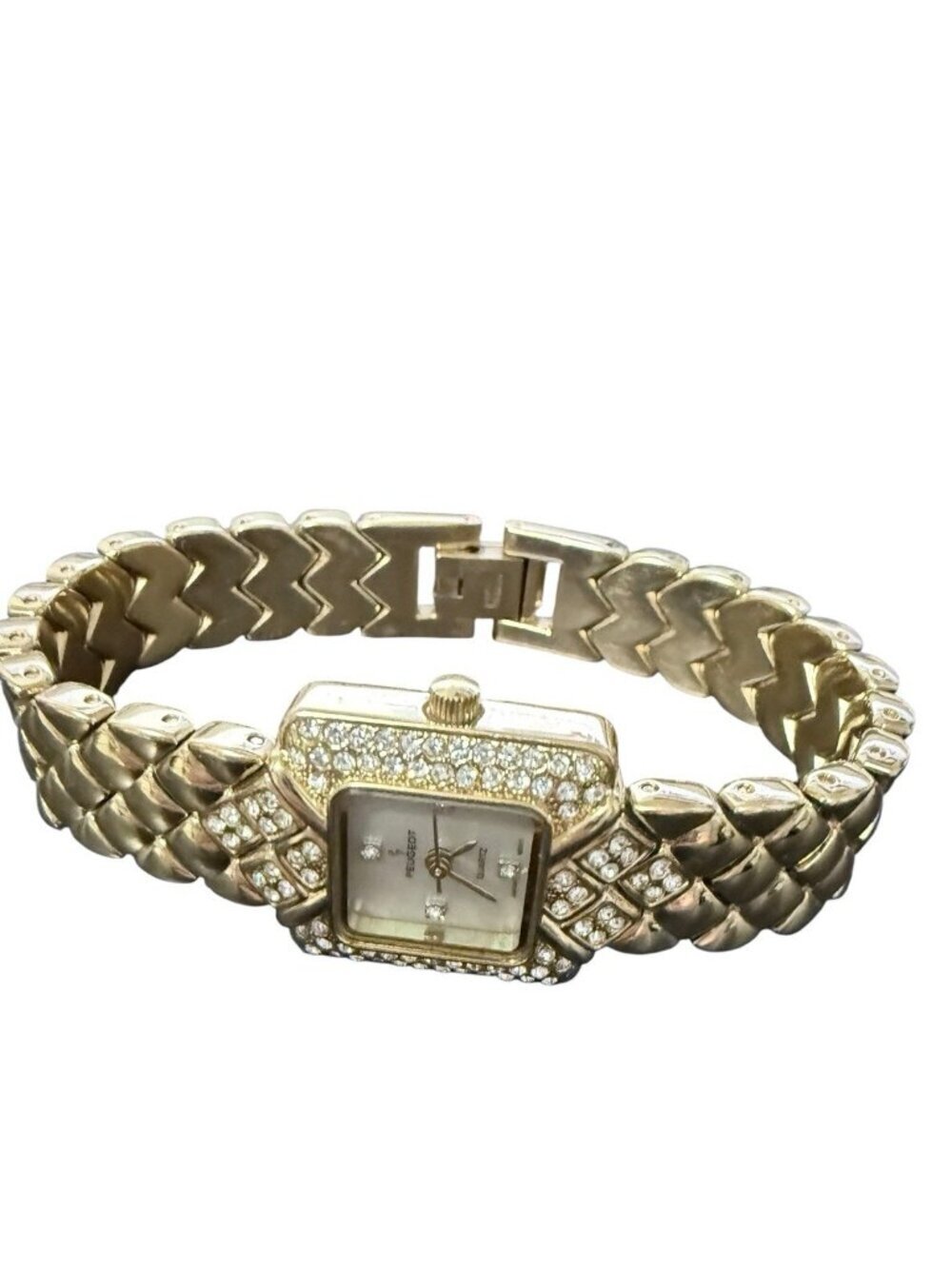 Peugeot VTG Gold Tone Mother of Pearl Face Watch Swarovski Crystal Bezel 6.75"